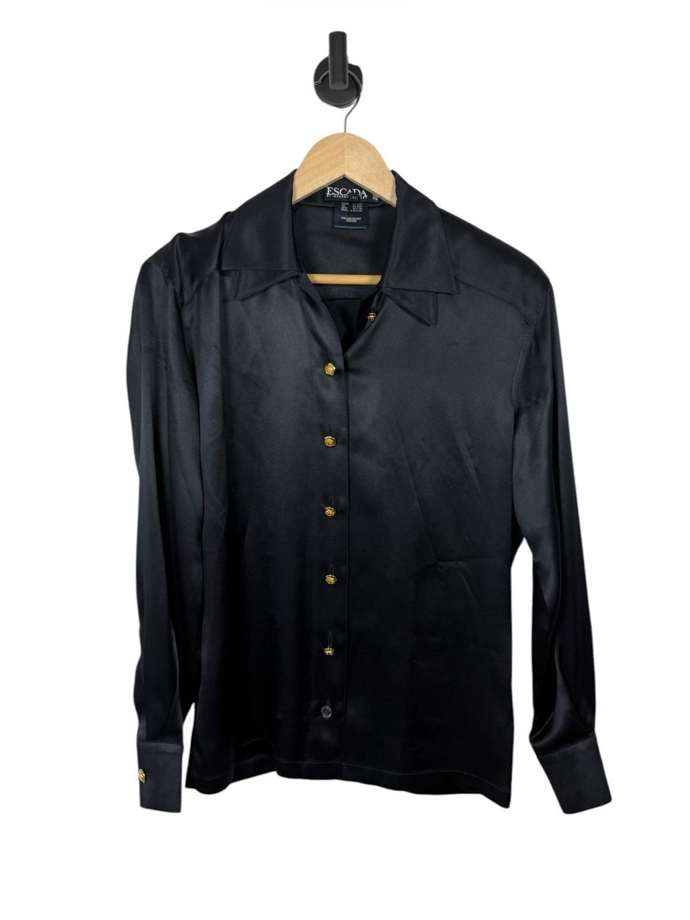 Escada Margaretha Ley Silk Blouse Black Gold Buttons Germany Sz 34